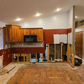 Flood cuts performed throughout kitchen walls to support structural drying and mold prevention efforts